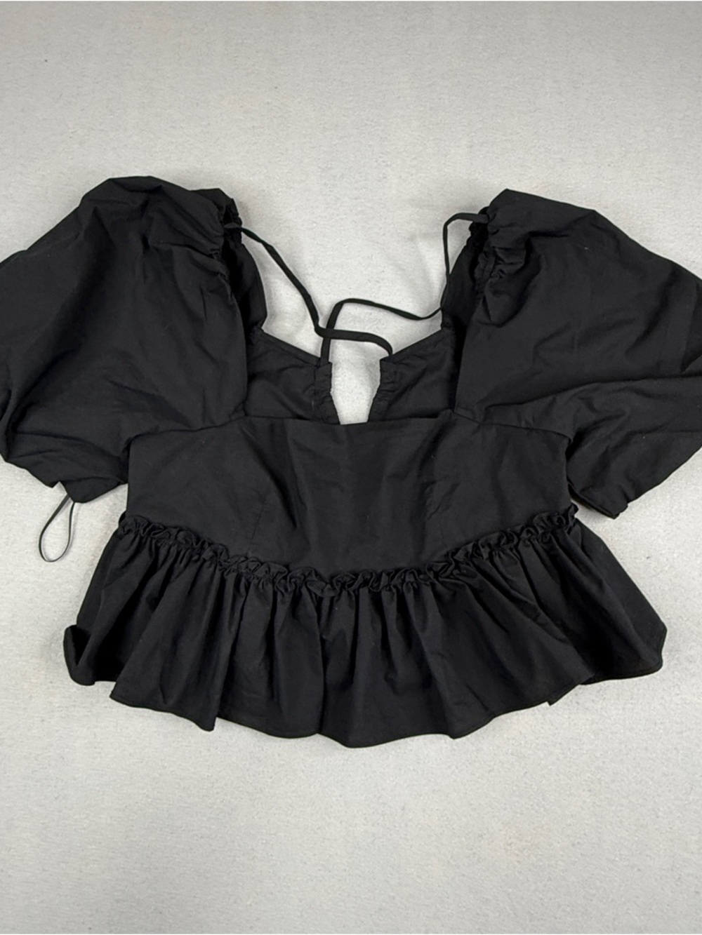 Kimchi Blue Black Puff Sleeve Peplum Top Open Back Tie Coquette S